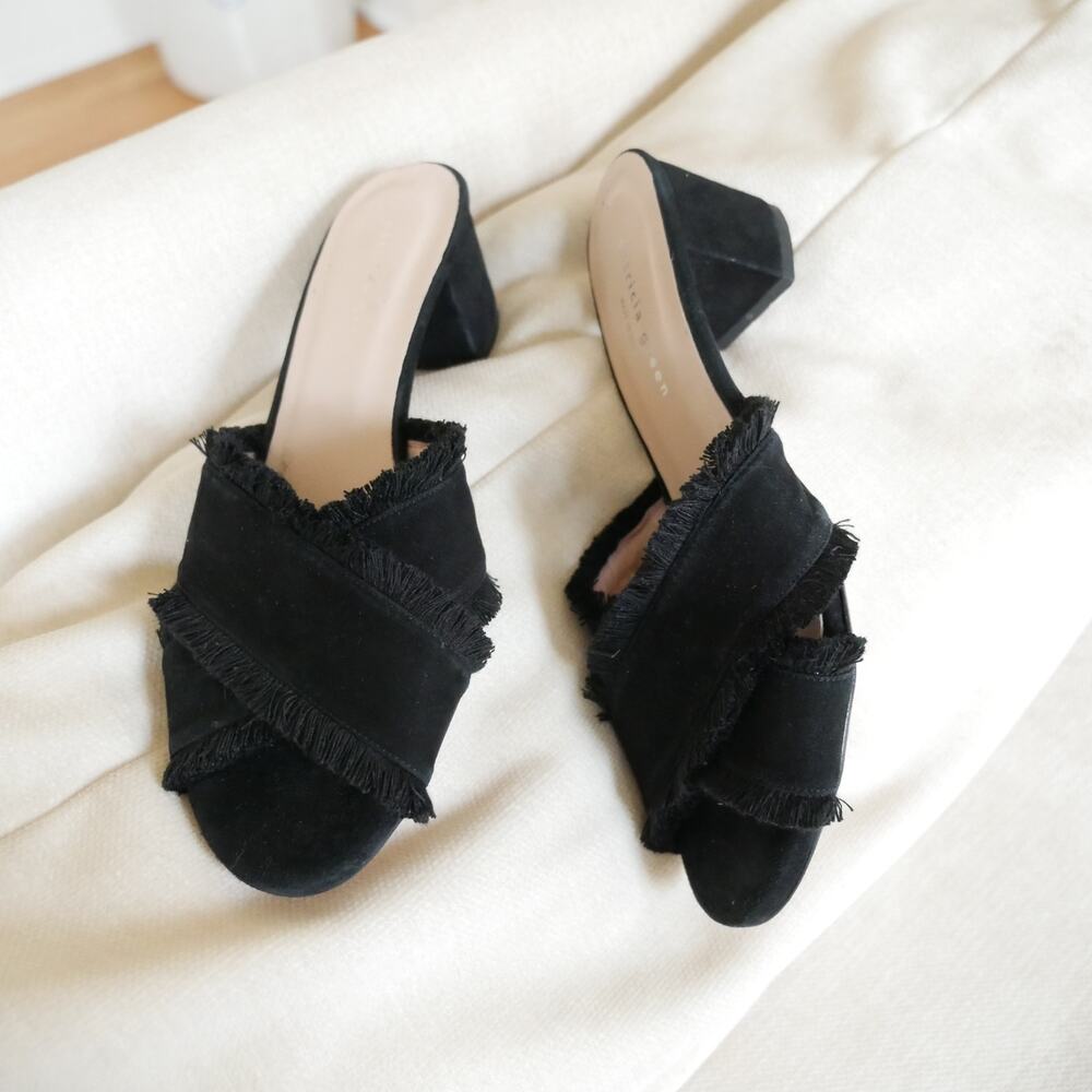Patricia Green Kate Fringe Mule Sandal heel made in Spain black suede womens 6 - Picture 9 of 11